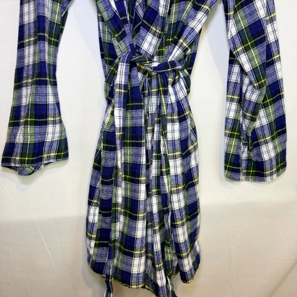 PajamaGram Women Blue Green White Plaid Flannel Robe Medium Large MD/LG